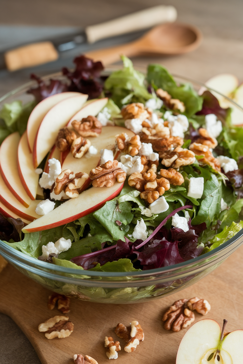 Indoor salad bowl filled with mixed greens, thin apple slices, toasted walnuts, and crumbles of feta, lightly dressed. Photo, no text or logos.