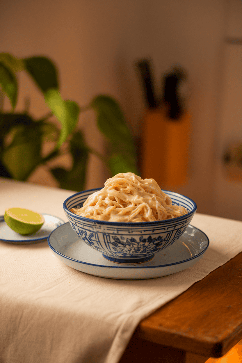 Indoor kitchen table featuring a bowl of rice noodles coated in creamy coconut sauce with lime wedges on the side, no logos