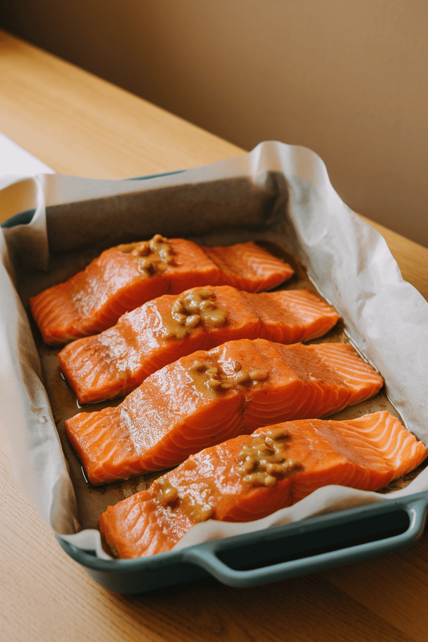Warm indoor dining table holding a parchment-lined baking dish of cooked salmon fillets glazed with a maple-mustard mixture—flesh opaque, no raw fish, no logos