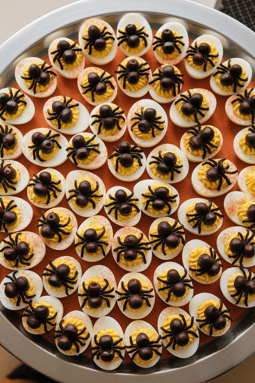 Overhead indoor photo of deviled eggs topped with black olive halves and slivers arranged as spiders, placed on a round platter garnished with paprika. No text or logos.