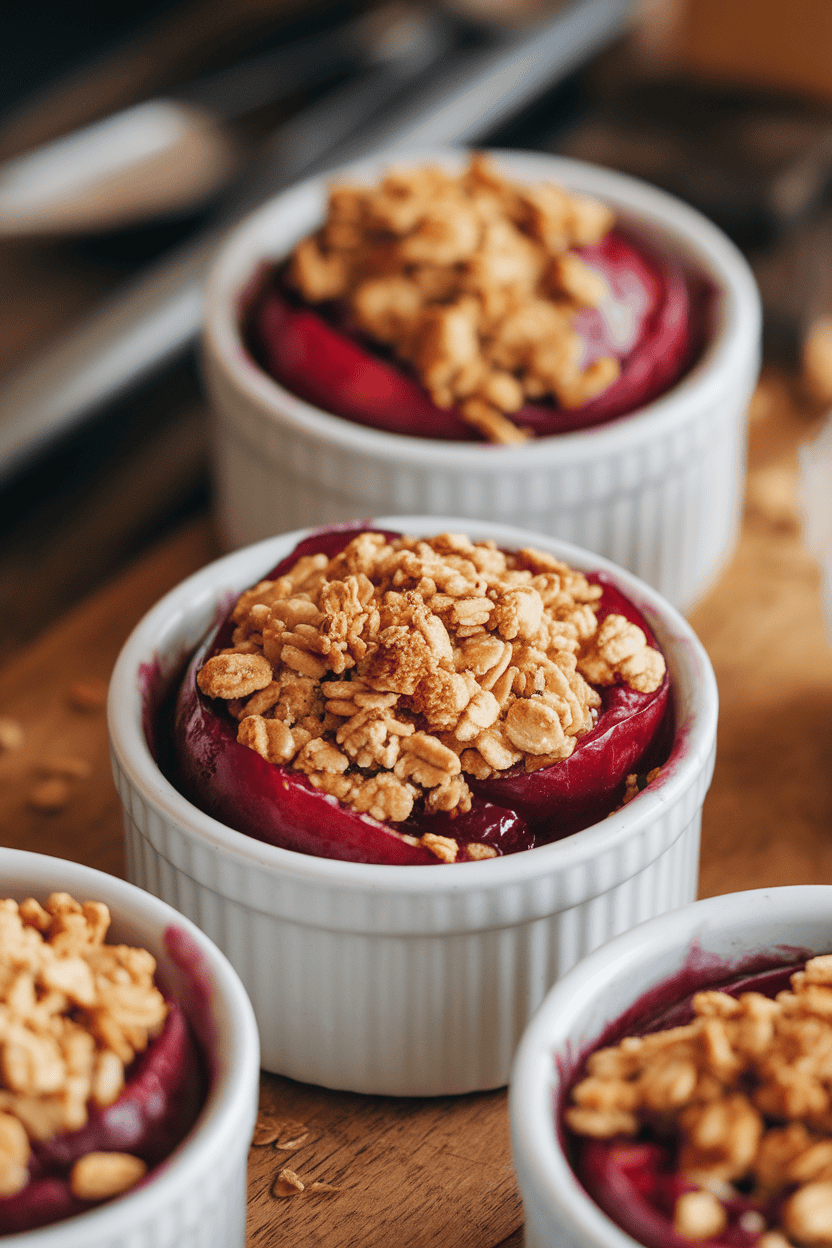 Indoor photo of individual ramekins with juicy plum crisp under oat crumb topping, no text or logos