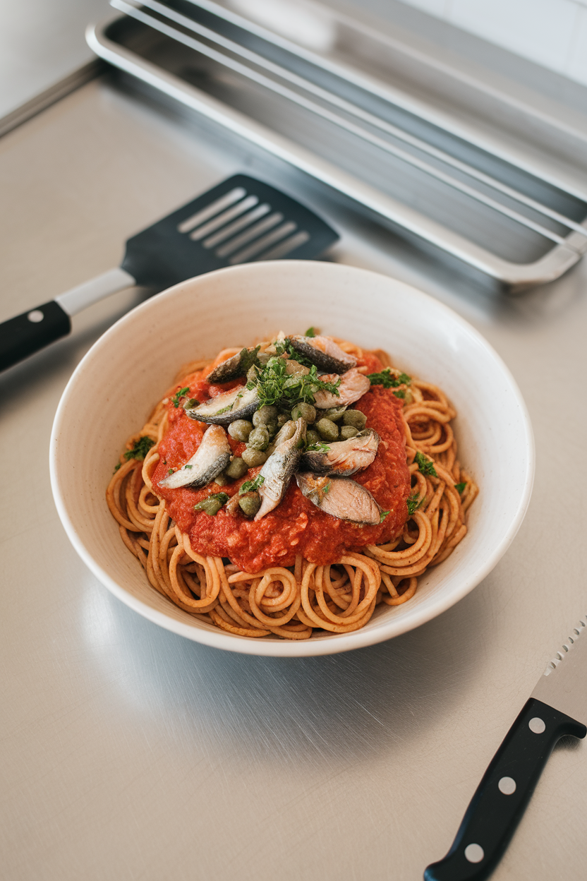 An indoor kitchen counter with a bowl of whole-grain spaghetti tossed in tomato sauce, topped with flaked cooked sardines, capers, and parsley. No logos or text; photography only.