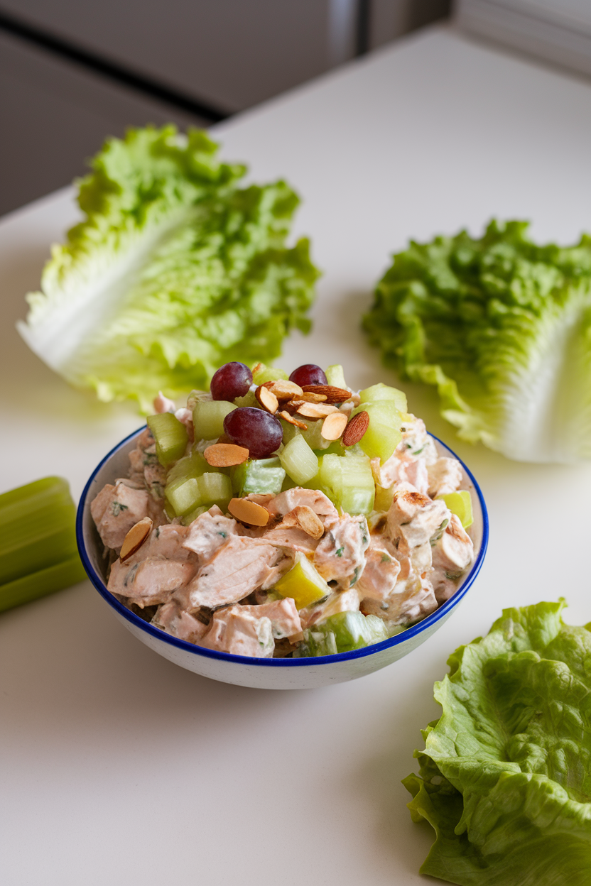 An indoor kitchen counter featuring a bowl of creamy chicken salad with diced celery, grapes, and almonds, lettuce leaves nearby. No text or logos, photo style.