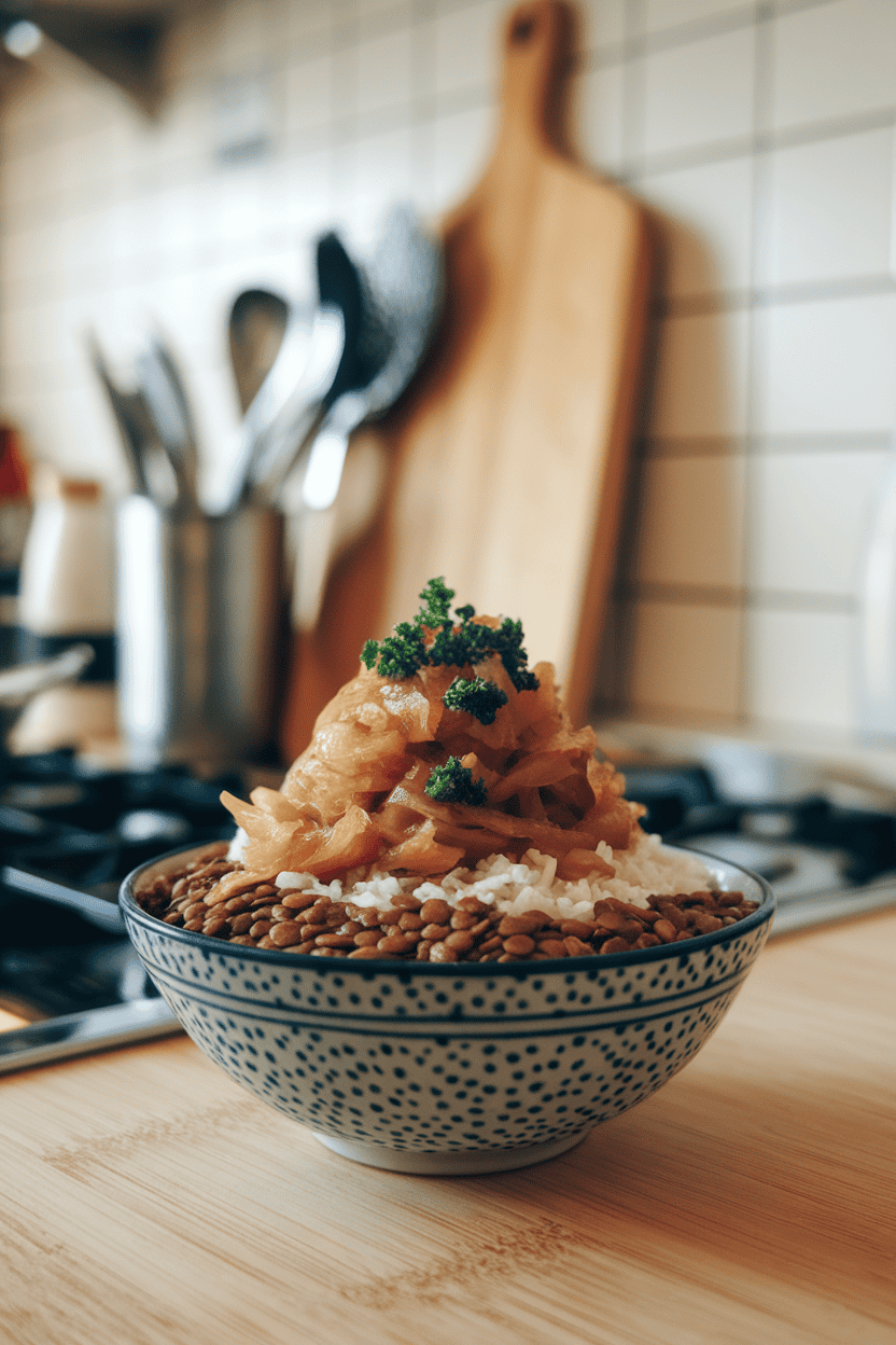 Indoor kitchen counter showing a bowl of brown lentils and rice topped with a generous mound of caramelized onions, parsley garnish. No text or logos. Photo, not illustration.