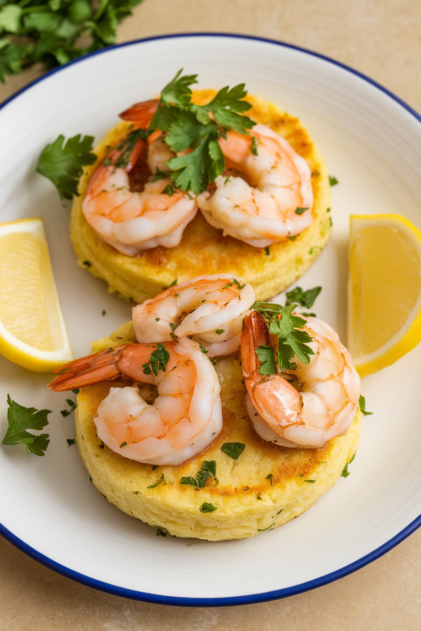 Indoor appetizer plate featuring golden grit cakes topped with sautéed shrimp and parsley, no text or logos. Photo.
