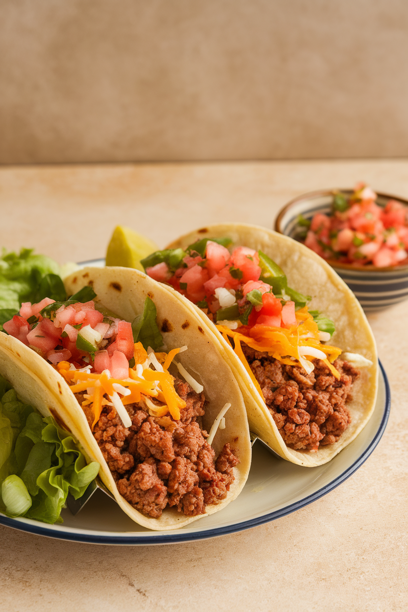 Taco shells filled with seasoned ground beef, lettuce, cheese, and pico de gallo, indoor table. No text or logos. Photo.