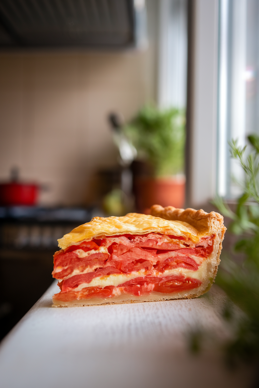 Indoor windowsill setting with a slice of tomato pie showing layers of ripe tomatoes, cheese, and flaky crust, no text or logos. Photo.