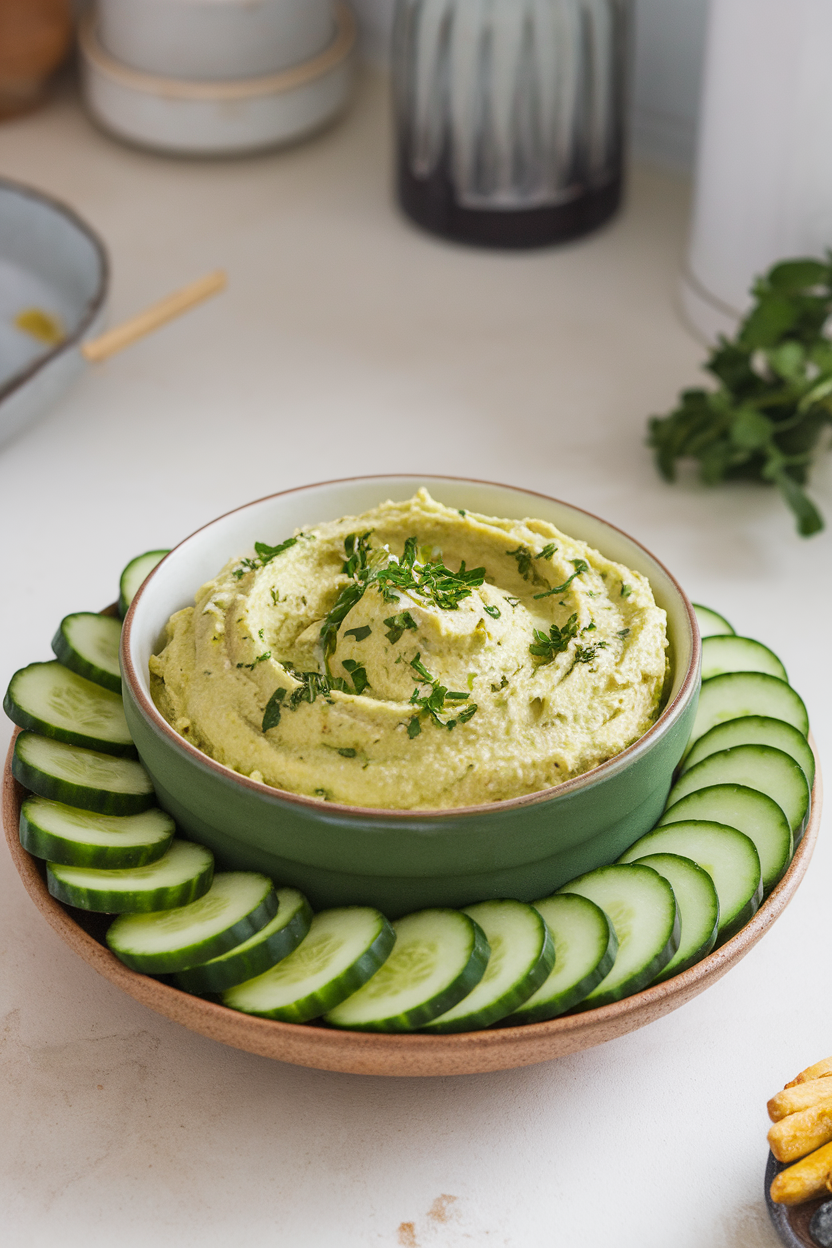 An indoor countertop with a small green bowl of creamy avocado feta dip flecked with herbs, surrounded by cucumber rounds. Photo, no text or logos.