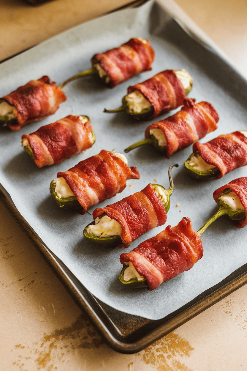 Photo of bacon-wrapped jalapeño poppers filled with cheese on a parchment-lined baking sheet indoors, shot at a slight angle. No text or branding present.