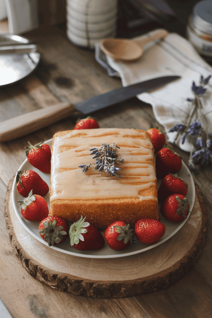 An indoor rustic table displaying a square of golden cake topped with a thin honey glaze and a few dried lavender buds. No text or logos. Photo only.
