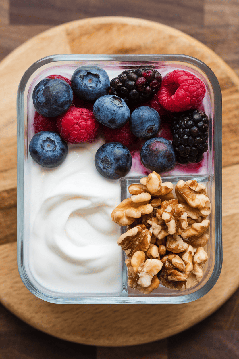 Indoor tabletop photo of a glass container divided into thick Greek yogurt, fresh mixed berries, and chopped walnuts in a side well; no text or logos.