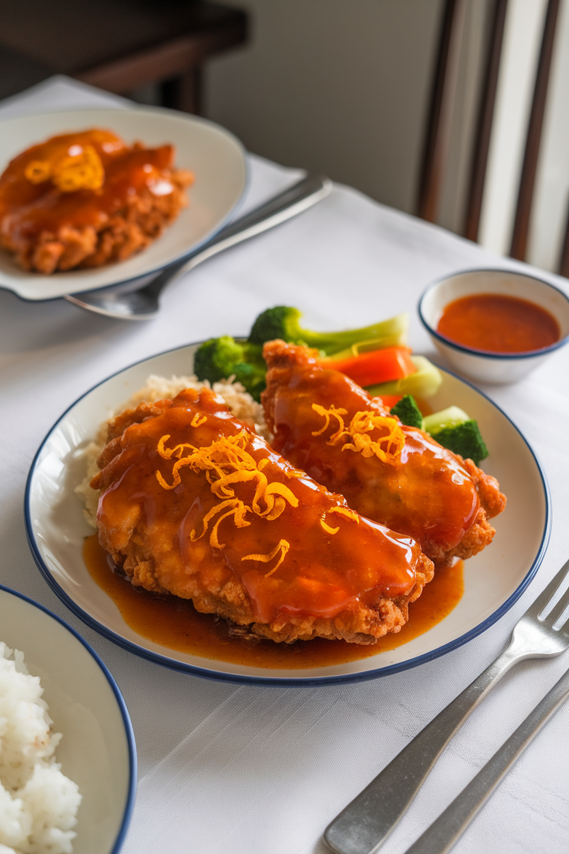 Indoor dining table with fried chicken breasts glazed in shiny orange-ginger sauce, orange zest sprinkled over top, photo only, no text or logos