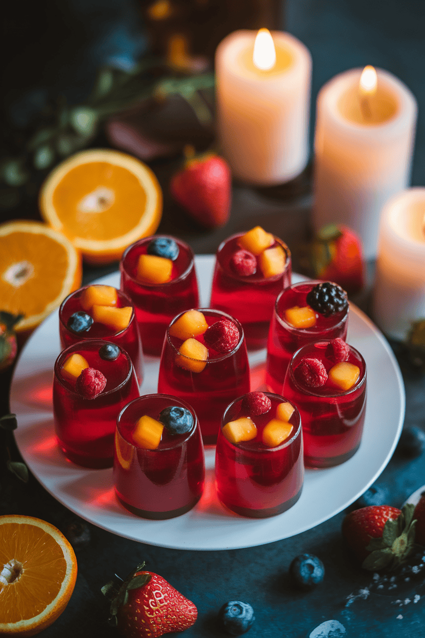 An indoor tabletop scene with ruby-red sangria jello shots containing tiny diced oranges and berries, soft moody lighting, no text or logos visible