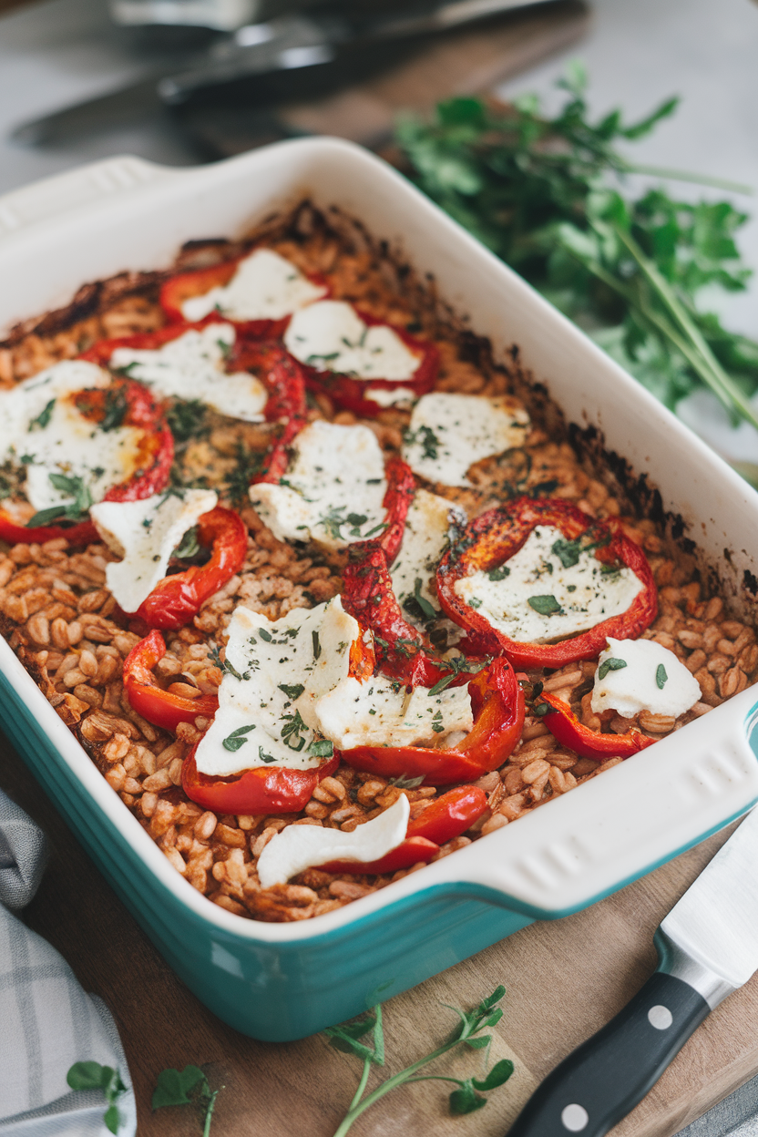 A casserole dish indoors with baked farro, roasted red peppers, tomato sauce, and a sprinkle of mozzarella, browned on top. No text or logos.