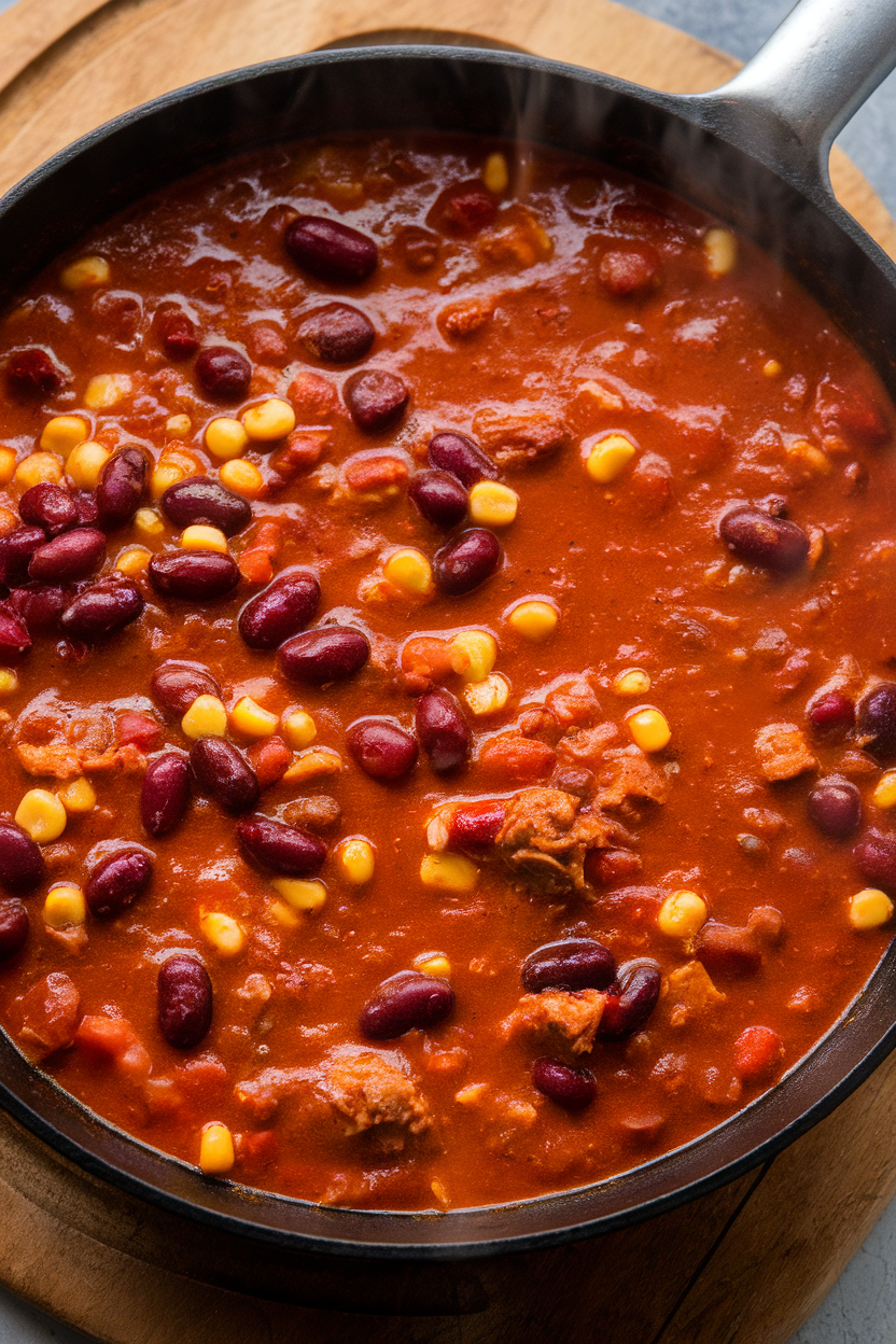 Indoor photo of a skillet of turkey chili showing kidney beans and corn in tomato sauce; no text or logos