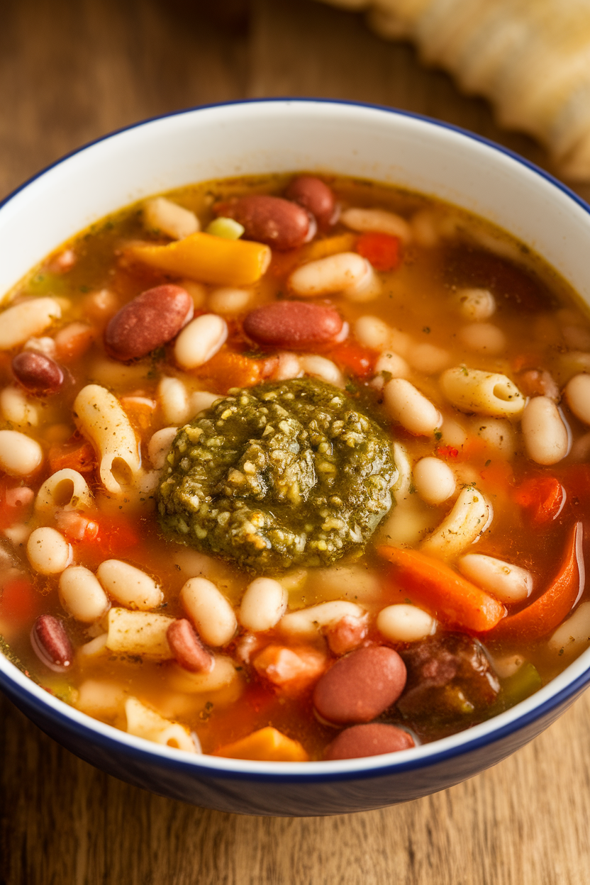 Indoor photo of a colorful minestrone soup studded with beans, pasta, and vegetables, a dollop of pesto on top. No text or logos present.
