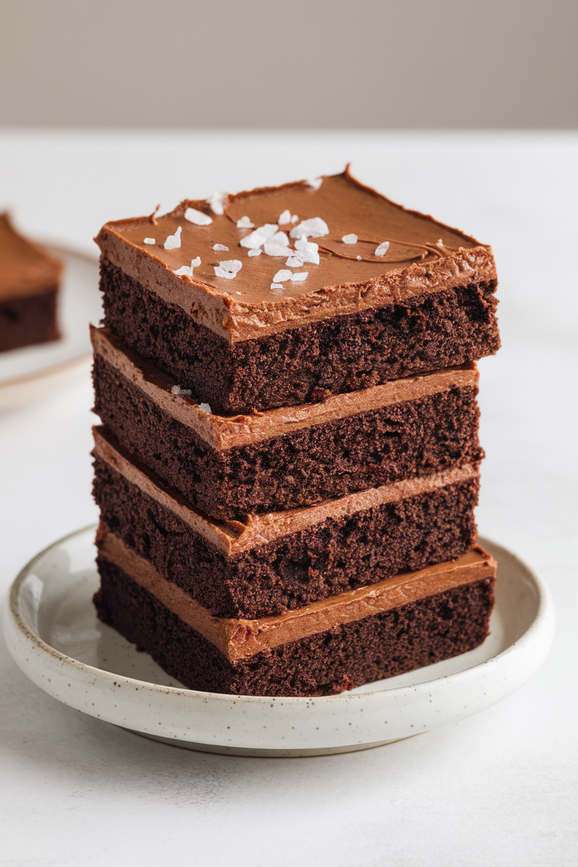 Indoor stack of thick fudgy brownies layered with chocolate frosting like a tiered cake, topped with a sprinkle of sea salt flakes. Photo only, no text or logos.