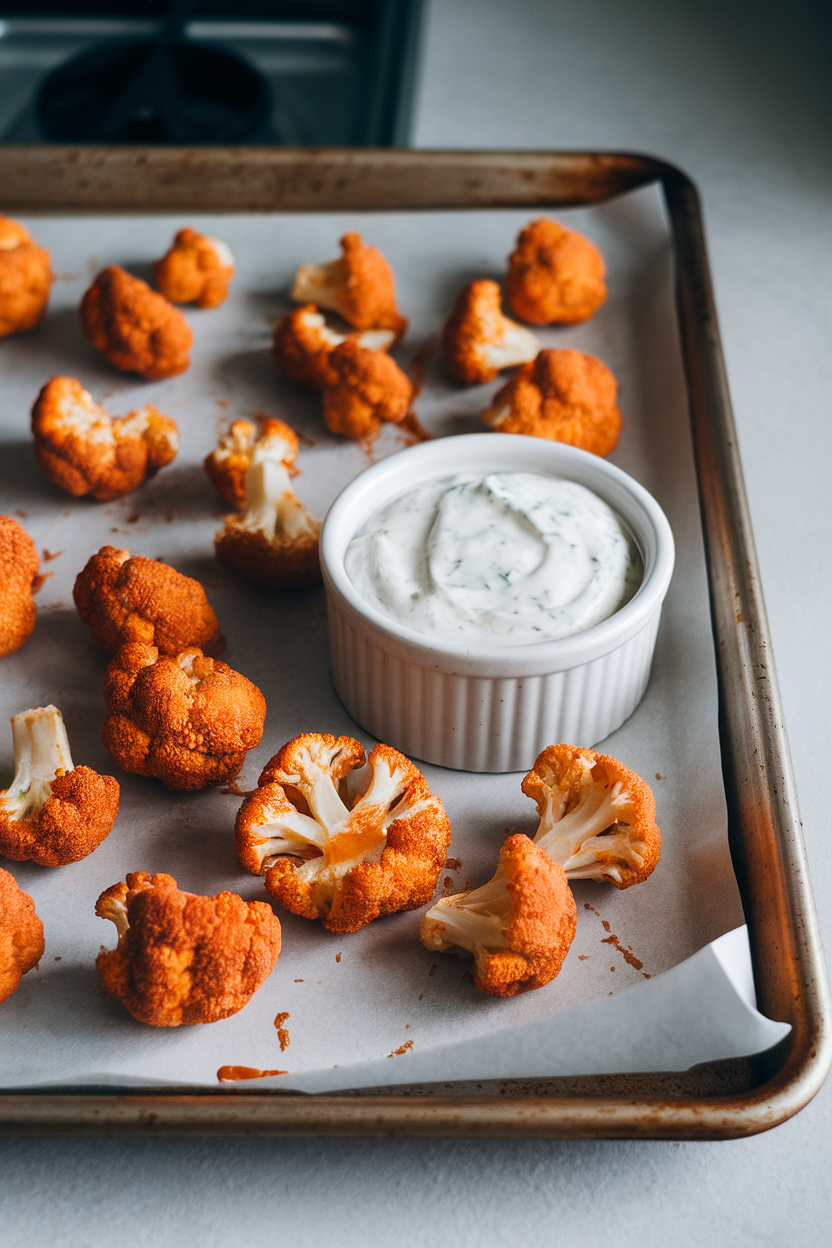 Indoor baking sheet with crispy buffalo cauliflower florets, ramekin of Ranch dip beside them. No text or logos.
