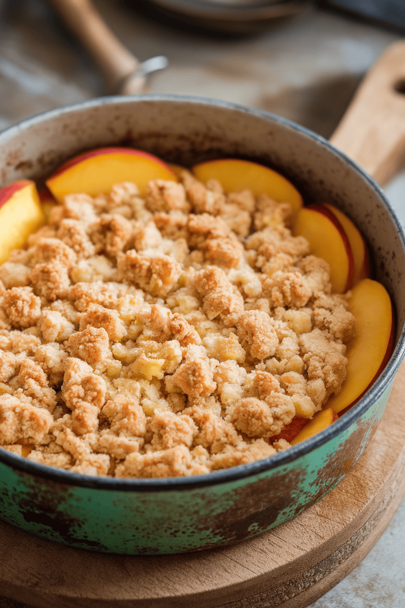 Indoor photo of peach crisp in a rustic baking dish, oat topping flecked with cardamom, no text or logos