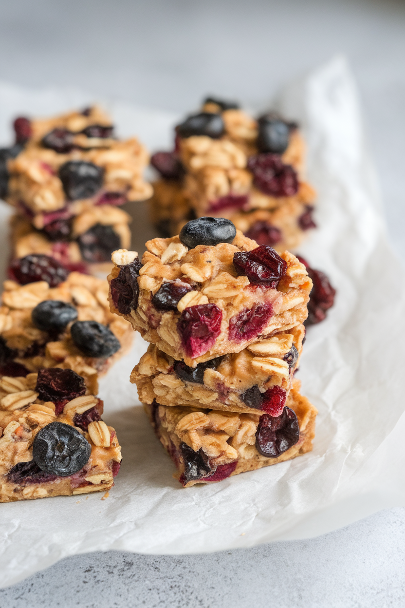 Indoor photo of small square berry oat bites with visible dried blueberries and cranberries, stacked on parchment. No text or logos.