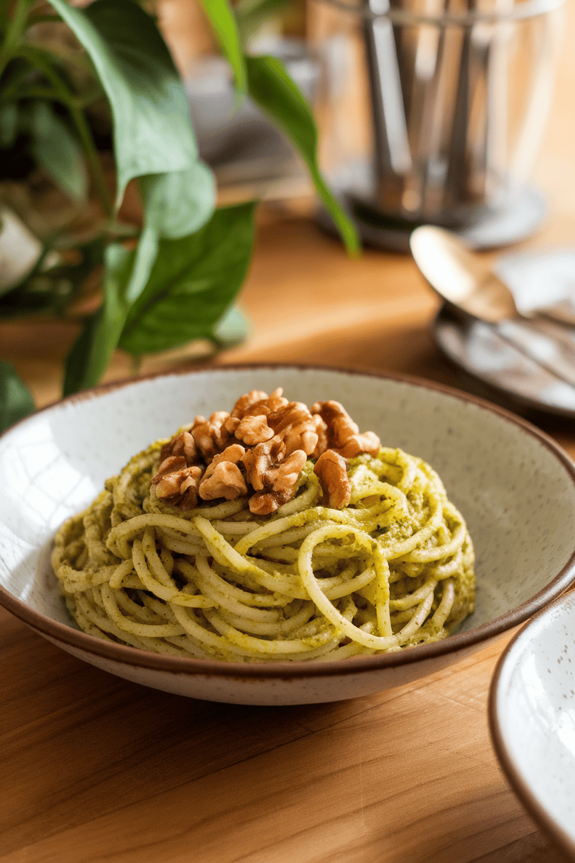 Photo of an indoor dining table with a bowl of whole-wheat spaghetti coated in bright green pesto, topped with toasted walnut pieces, no text or logos visible.