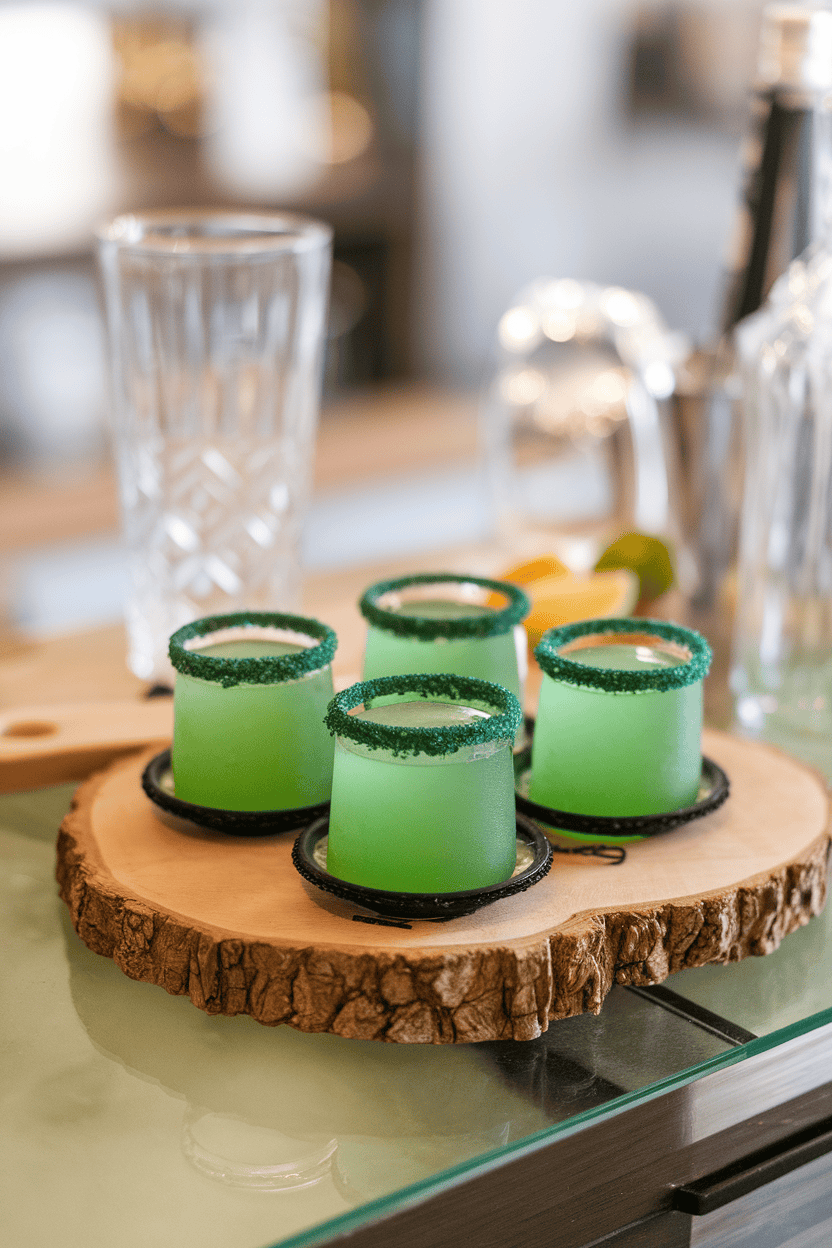 Indoor bar illuminated with emerald green melon jello shots decorated with black sugar rims, no text or logos