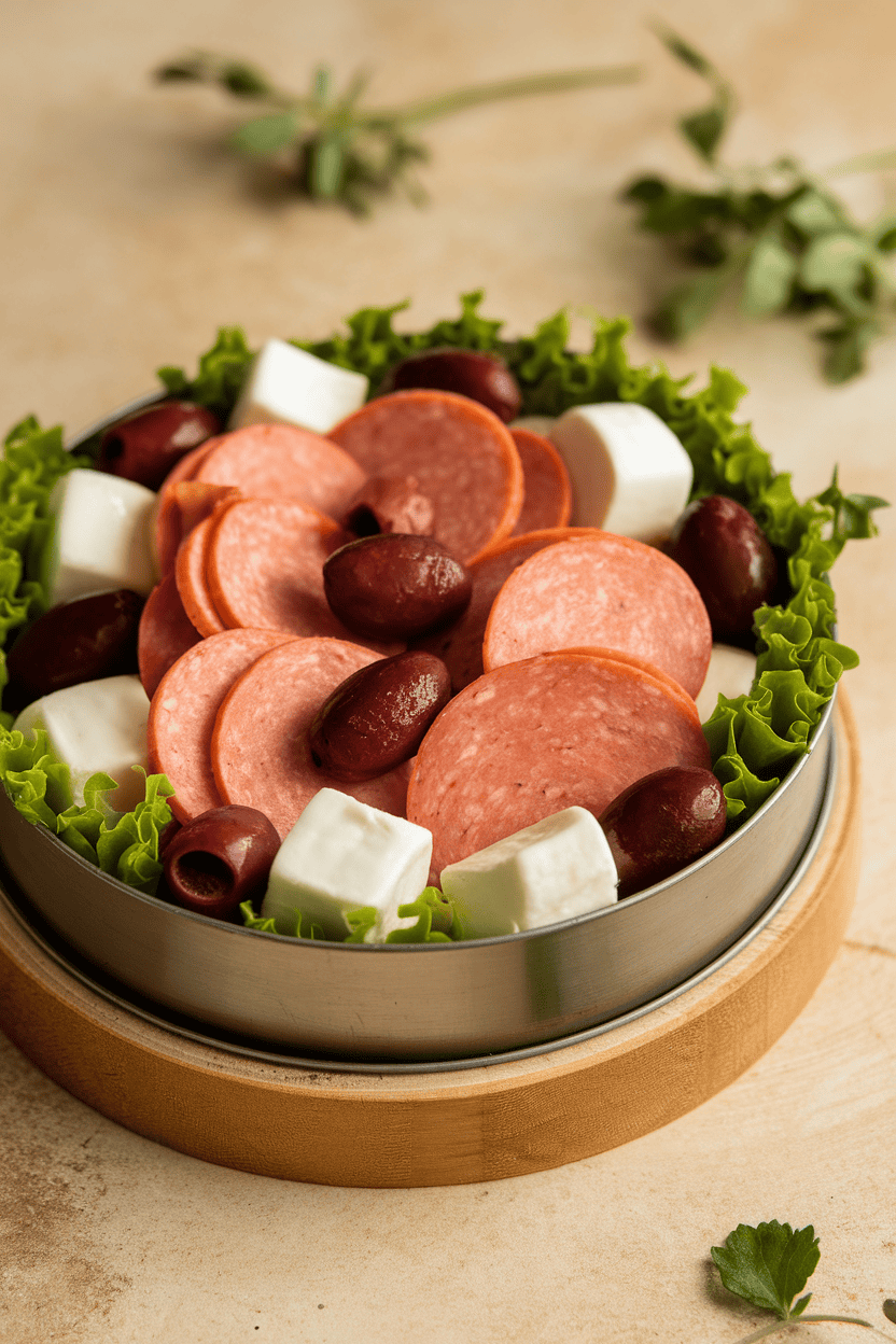 Photo indoor of mozzarella cubes, turkey pepperoni rounds, and mixed pitted olives in a bento tray; no text or logos.