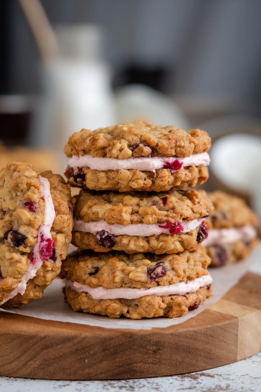 Indoor photo of oatmeal cookies sandwiched with cranberry cream cheese filling, stacked slightly askew. No text or logos.