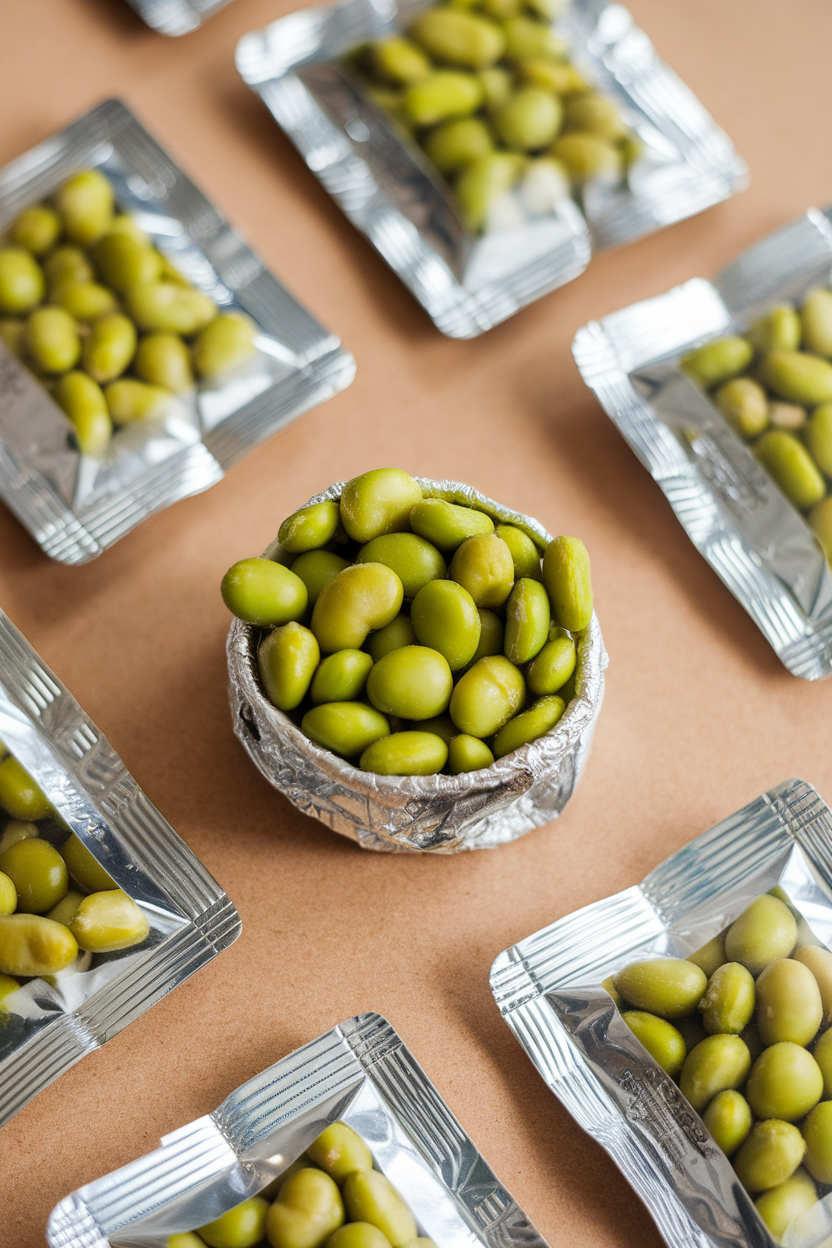 Indoor tabletop with several small foil pouches of dry-roasted edamame, one pouch open to reveal bright green beans. No text or logos.