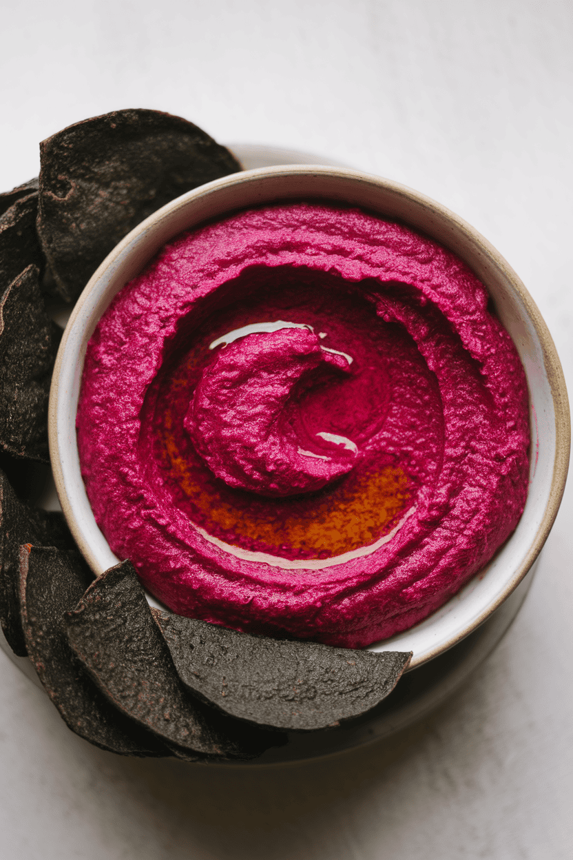 Indoor photo of a shallow bowl of bright magenta beet hummus with a swirl of olive oil, served alongside black pita chips. Overhead lighting, no text or logos.