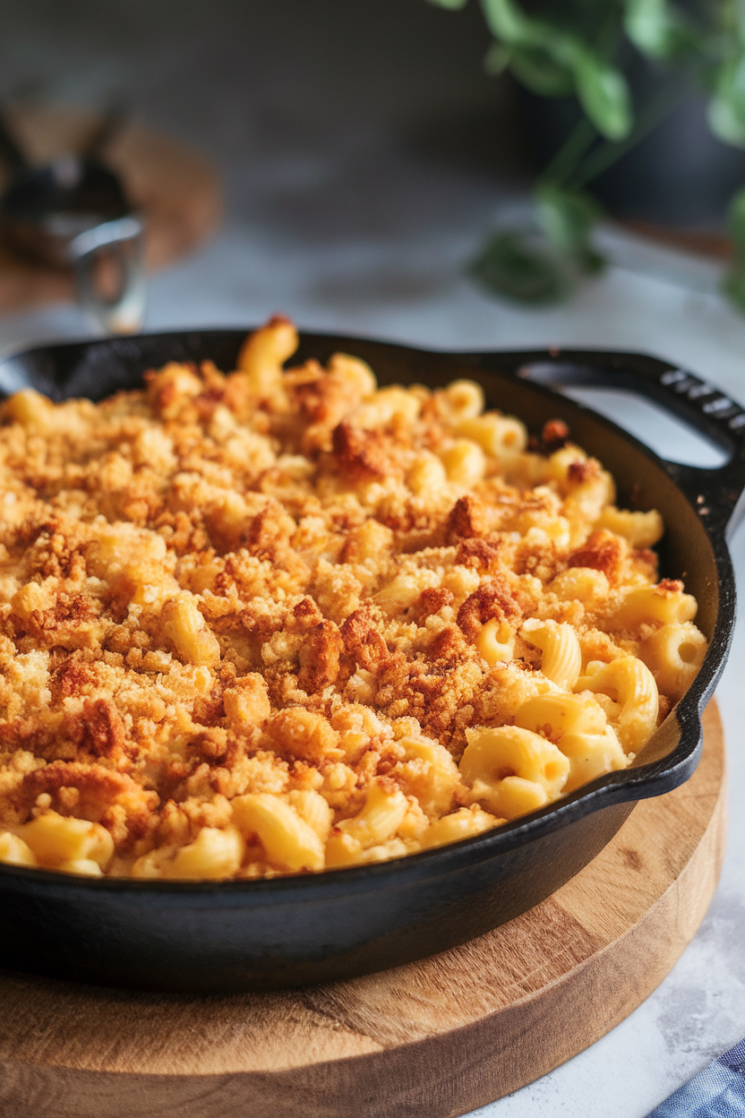 Cast-iron skillet filled with bubbling macaroni and cheese, golden crumbs on top, shot indoors. No text or logos. Photo.