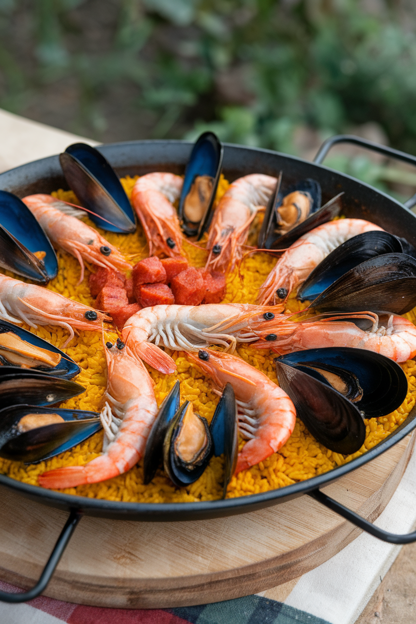 Indoor photo of paella pan filled with saffron rice, shrimp, mussels, and chorizo, no text or logos. Photo only.