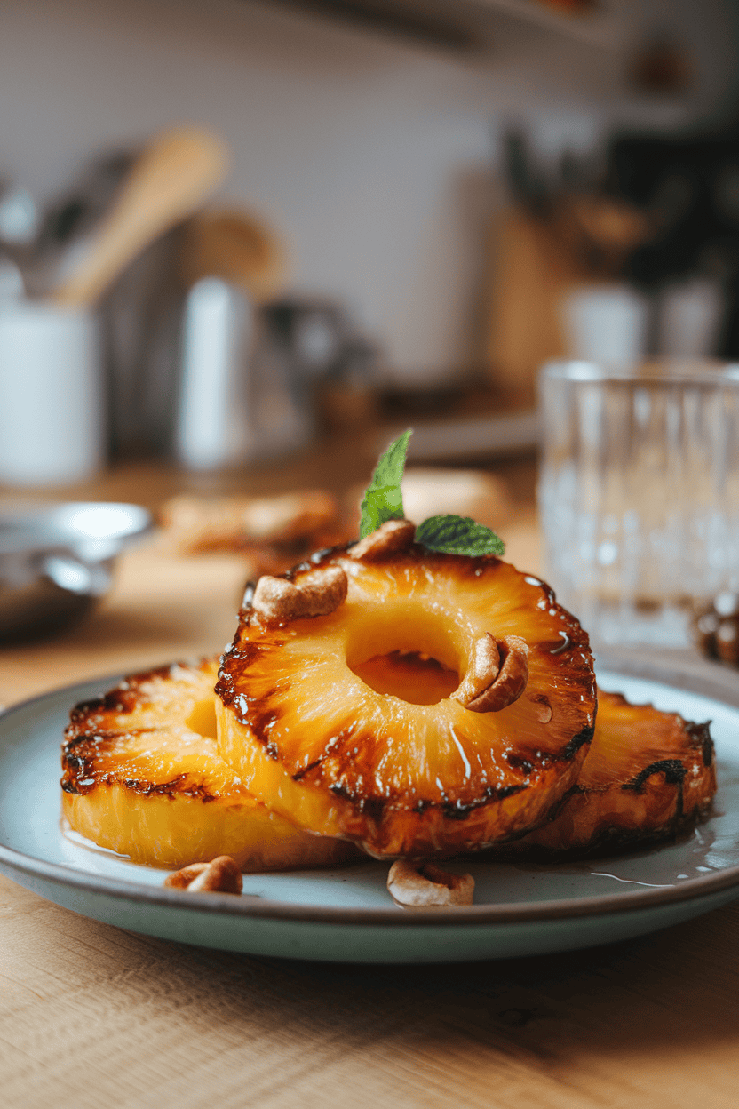 Indoor photo of caramelized pineapple rings on a plate, honey glaze visible; no text or logos.