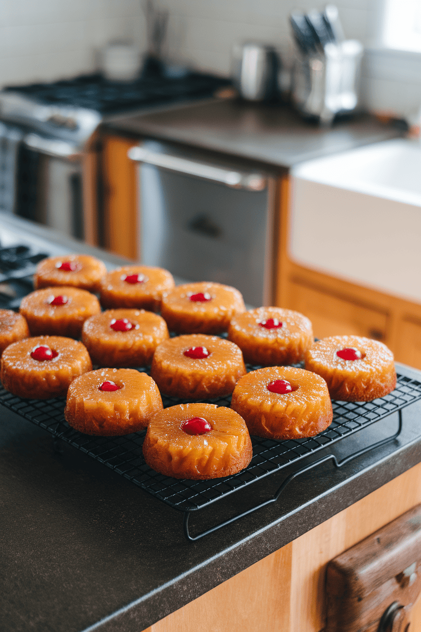 Indoor kitchen island featuring mini pineapple upside-down cakes with caramelized fruit tops and maraschino cherries in the center, arranged on a cooling rack. No text or logos present. Photo, not illustration.