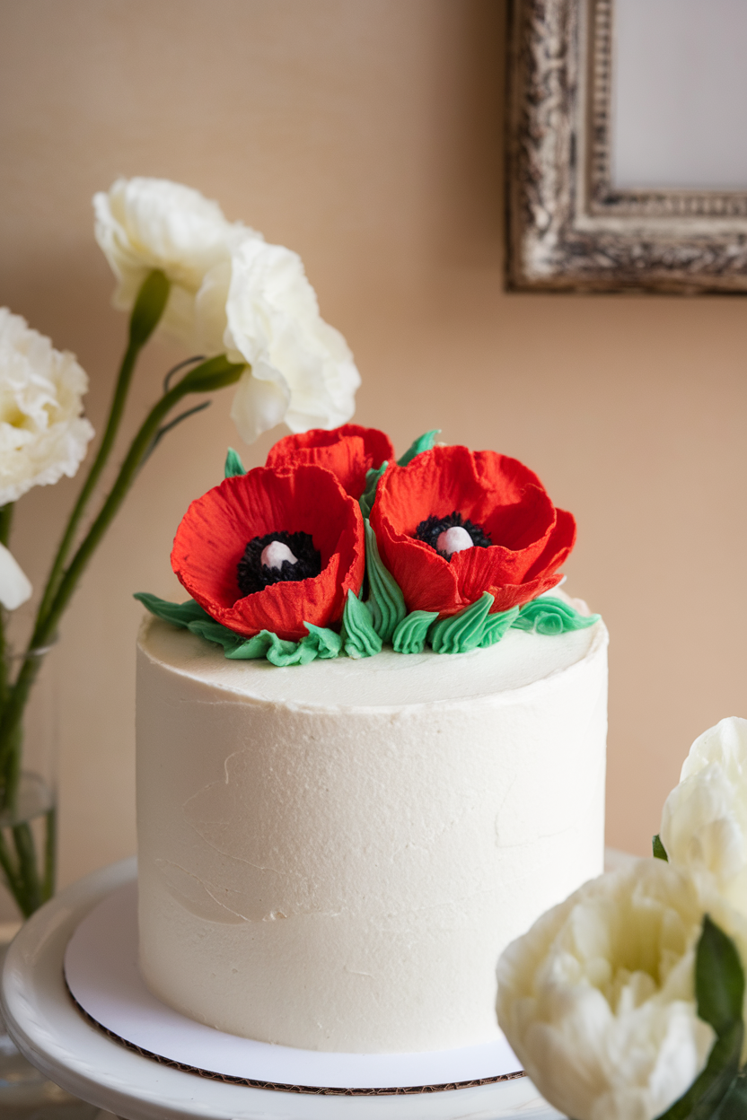 A simple white-frosted cake indoors adorned with vivid red buttercream poppy flowers and green leaves piped elegantly on top. Photo only, no text or logos.