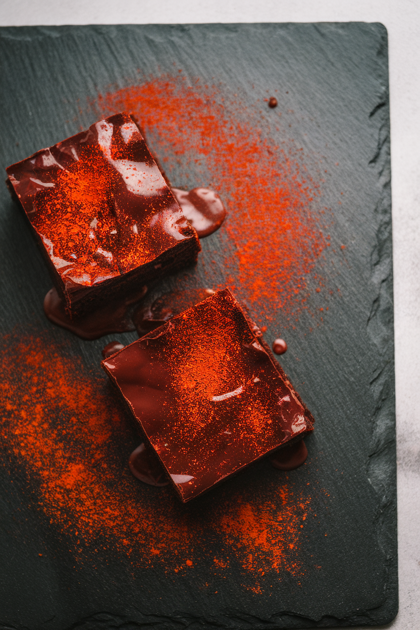 Indoor image of brownies dusted with bright red chili powder on top of a glossy ganache layer, presented on a slate board; no text or logos