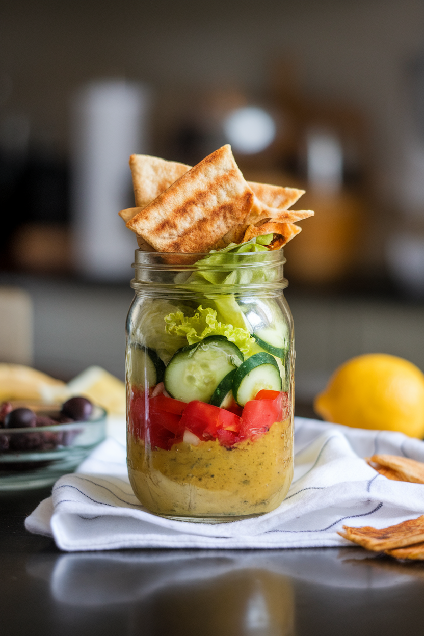 Photo, indoor countertop with mason jars layered bottom-up with vinaigrette, cucumbers, tomatoes, lettuce, and toasted pita chips on top; no text or logos.