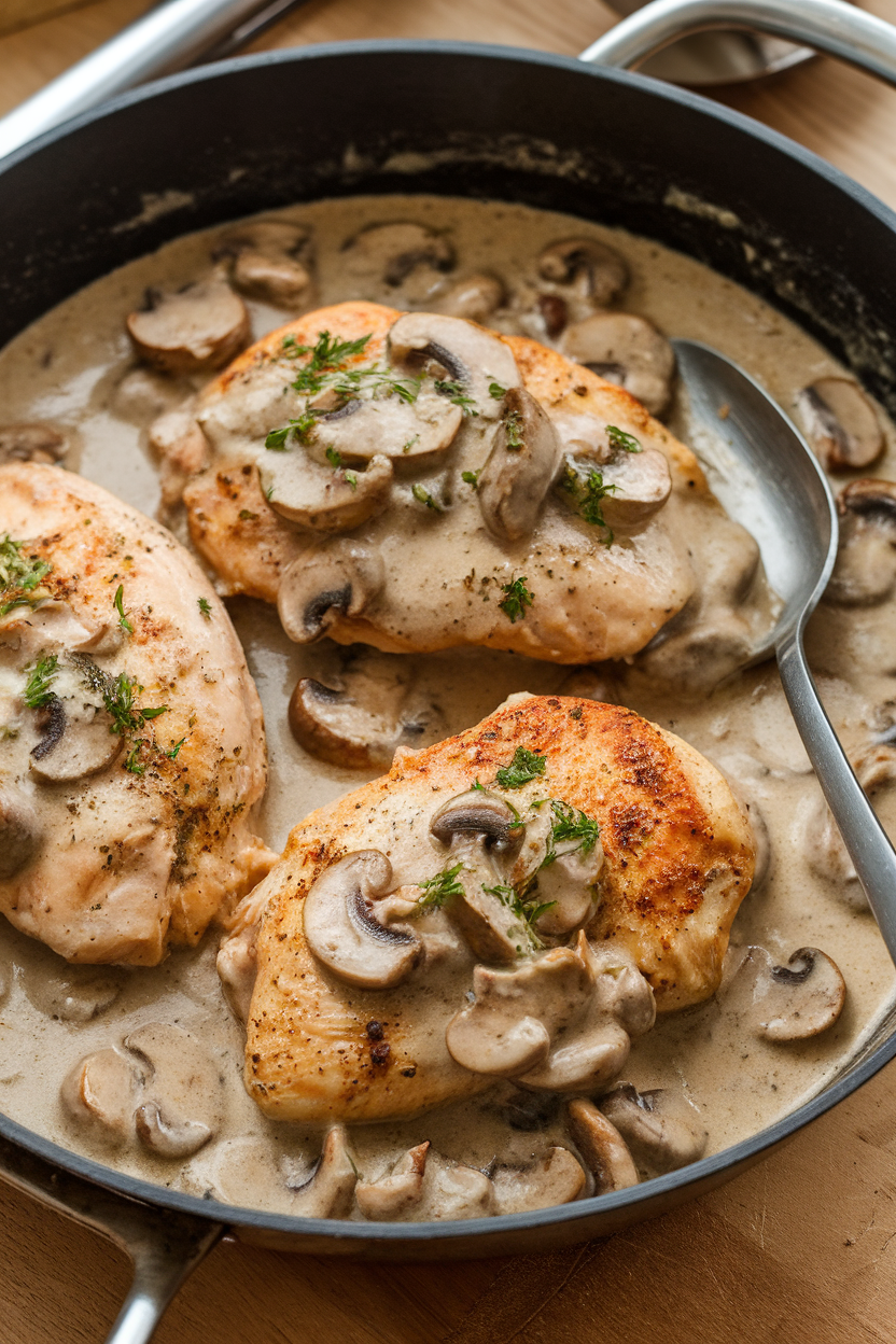 Indoor skillet of chicken breasts smothered in creamy mushroom sauce, spoon resting inside. No logos. Photo.