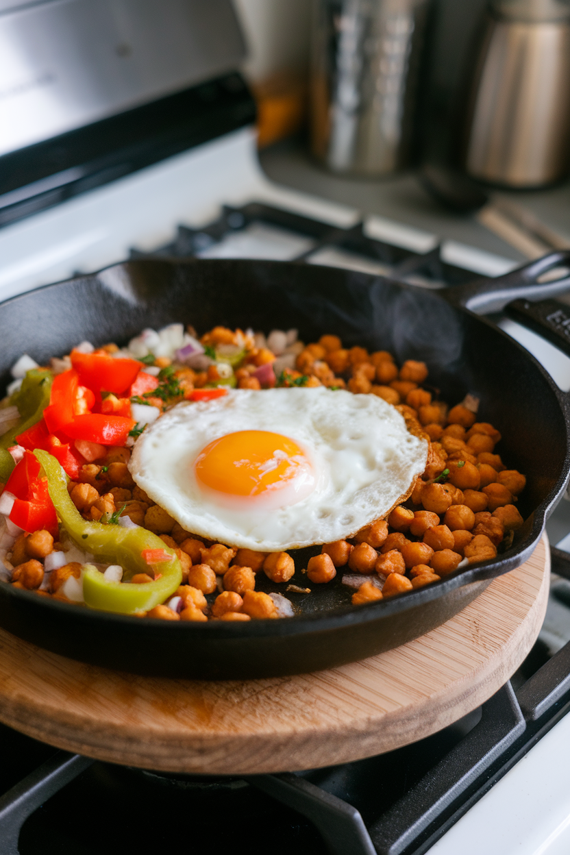Photo of a cast-iron skillet on an indoor stove containing spiced chickpeas, diced bell pepper, and onions with a fried egg on top. No text or logos.