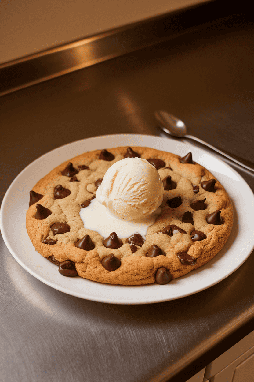 Warm indoor counter showing a large cast-iron cookie studded with melted chocolate chips, a scoop of vanilla ice cream beginning to melt in the center. No text or logos visible. Photo, not illustration.