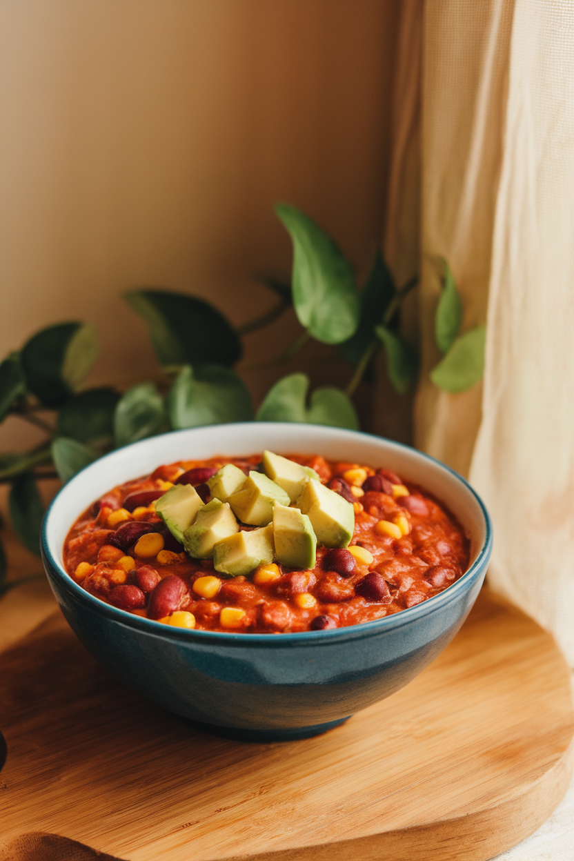 Bowl of hearty vegetarian chili with beans and corn, topped with avocado, indoor scene. No text or logos. Photo.