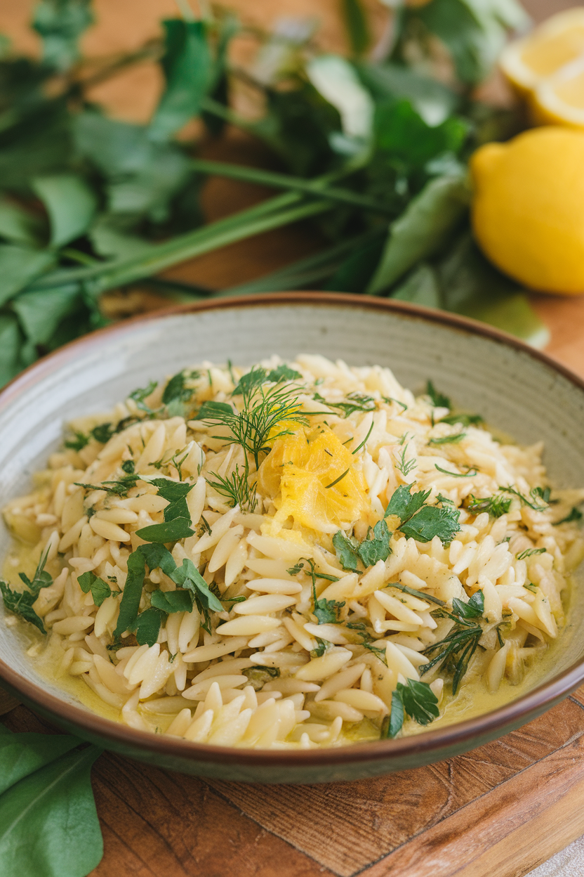 Photo of a shallow indoor plate featuring tender orzo pasta mixed with parsley, dill, and lemon zest; no text or logos.
