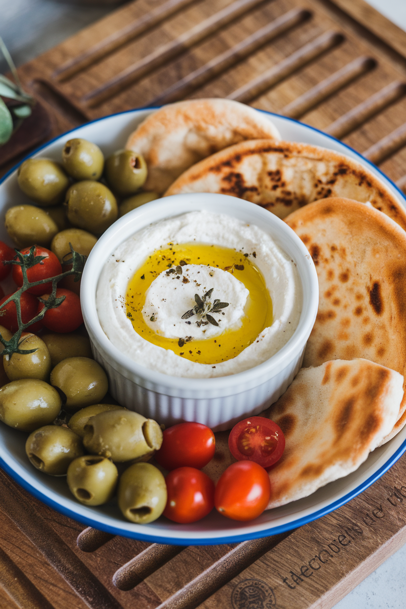 An indoor mezze plate with a ramekin of bright white lemon feta dip drizzled with olive oil and sprinkled with oregano. Photo, no text or logos.
