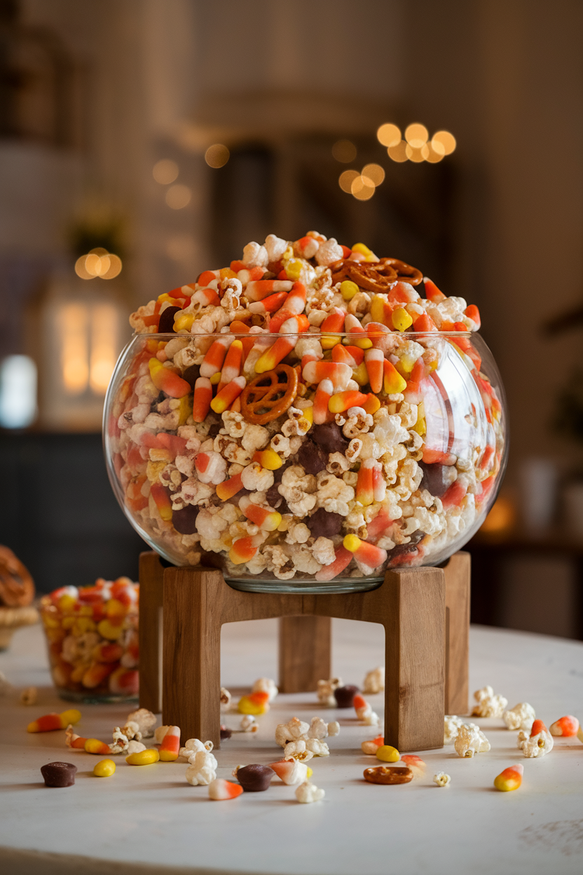 Indoor glass bowl brimming with a mix of popcorn, candy corn, pretzels, and chocolate candies. No text or logos.