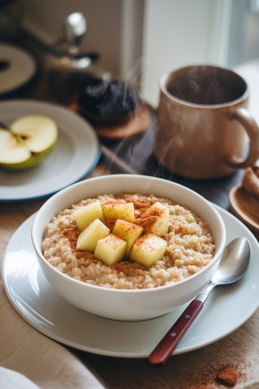 A cozy indoor bowl of creamy quinoa porridge topped with sautéed apple cubes and a sprinkle of cinnamon, steam lightly rising. No text or logos present.