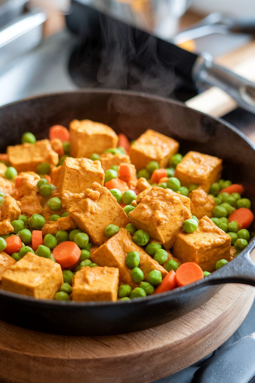 An indoor cast-iron skillet showing curried tofu cubes with peas and carrots, steam rising. Photo only, no text or logos.
