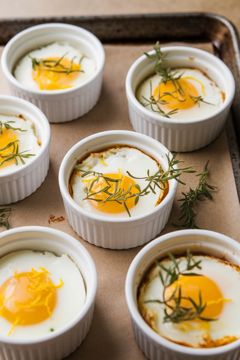 Photo of small ramekins holding baked eggs with lemon zest and fresh herbs, photographed indoors on a baking sheet. No text or logos visible.