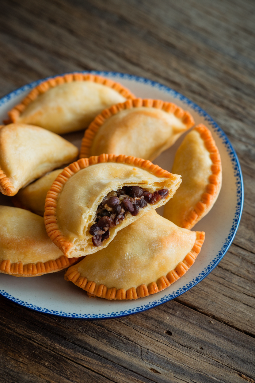 Small half-moon empanadas with orange crimped edges and black bean filling visible in one broken piece, on an indoor plate. Photo, no text or logos.