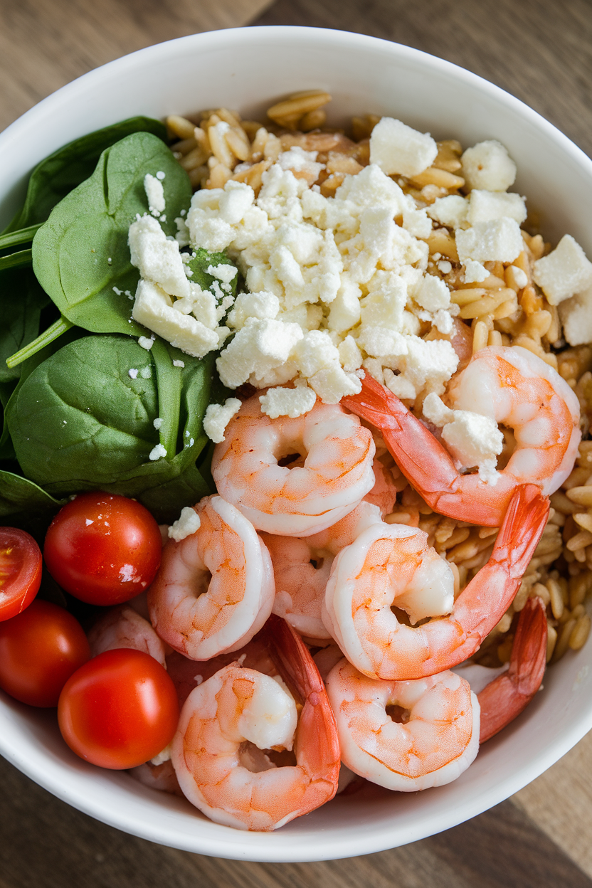 Indoor photo of a bowl containing lemon-garlic shrimp, whole-wheat orzo, spinach, cherry tomatoes, and crumbled feta. No logos or text visible.