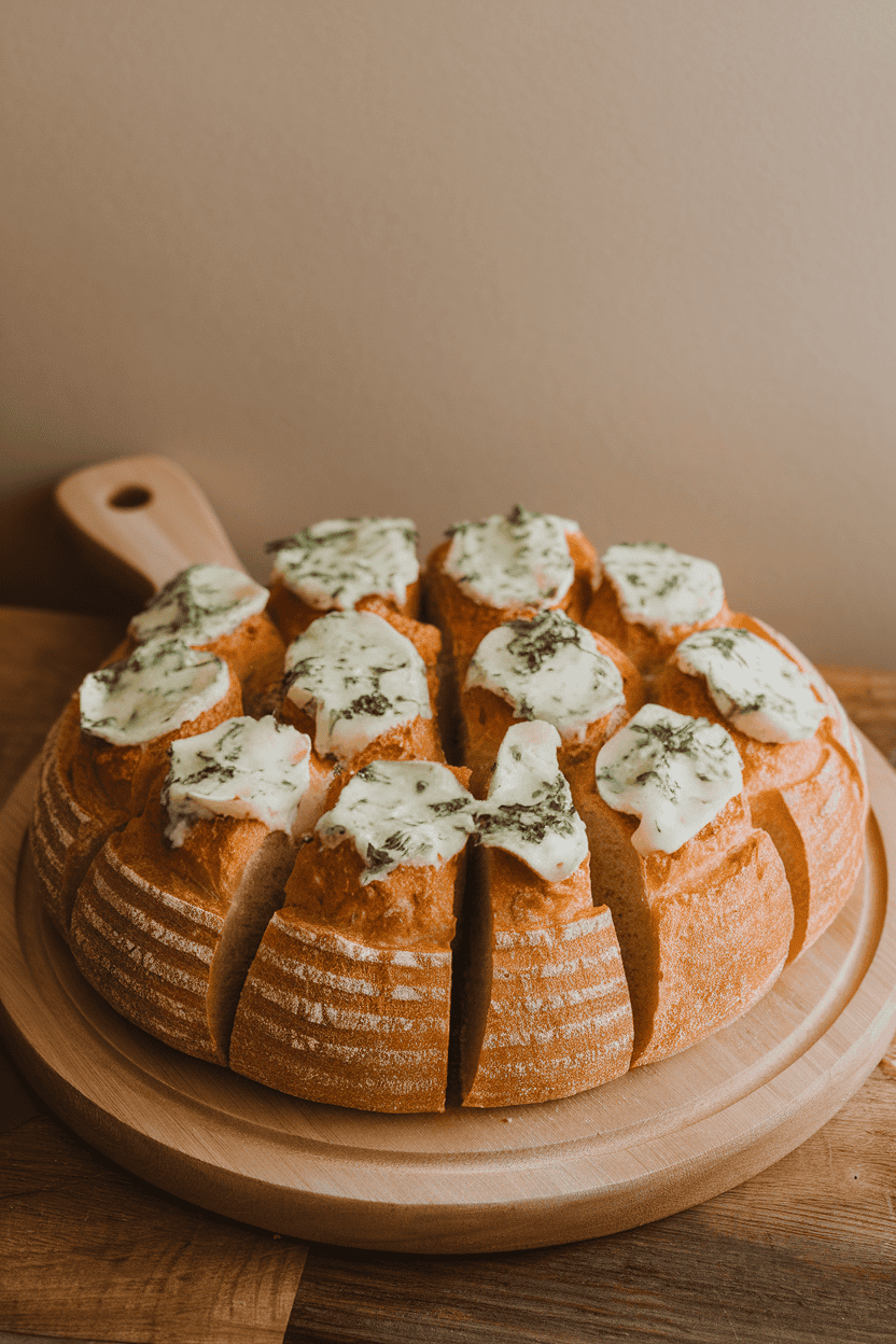 An indoor breadboard featuring a round loaf sliced in a grid pattern, gooey cheese and garlic herb butter visible between the pieces. No text or logos; photo only.